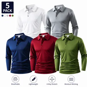 5-Pack Men’s Long Sleeve Polo Shirts – Breathable, Lightweight, Moisture-Wicking Casual Golf Performance Tops