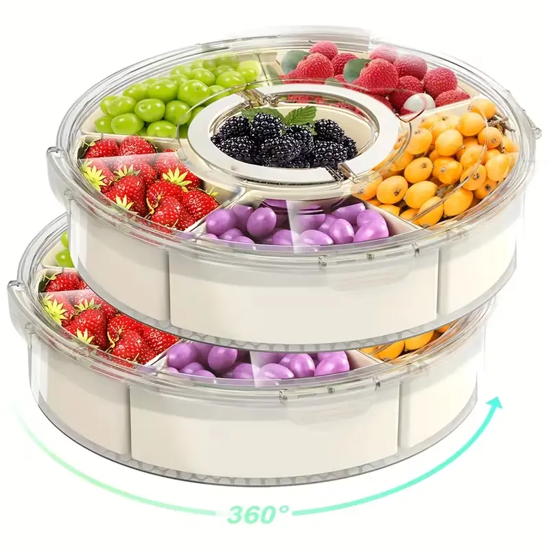 360° Rotating Divided Snack Tray with Lid & Handle - Large Portable Compartment Serving Platter for Fruit, Veggie, Candy, Nuts, Perfect for Movie Night, Picnic, Travel & Party