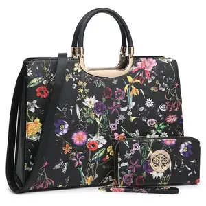 Womens Handbag Top Handle Shoulder Bag Tote Satchel Purse with Matching Wallet Floral