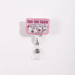 Office Badge Reel with 'boo Boo Crew' Ghost Nurse Design, Glitter Background, Ideal for Office ID Tags & Name Badges