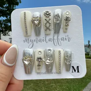 Mynailaffair Silver Wonderland - 10 Handmade Nails with 48 Sticky Tabs Double Sided File Buffer Cuticle Stick Alcohol Pad Included