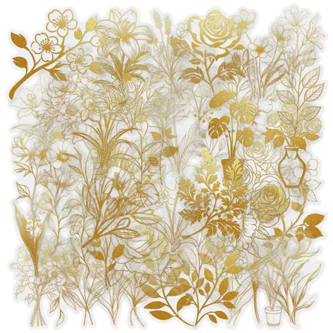 Plant Pattern Stamp Sticker, 50pcs/set Gold Foil Plant Series Sticker, Decorative Sticker for Craft, Scrapbooking, Journaling, Gift Wrapping, Art Stickers, Floral Pattern Sticker, Sticker Packs, Aesthetic Stickers