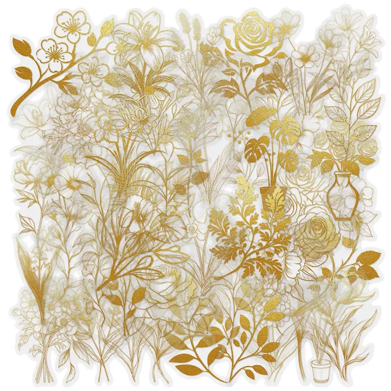 Plant Pattern Stamp Sticker, 50pcs/set Gold Foil Plant Series Sticker, Decorative Sticker for Craft, Scrapbooking, Journaling, Gift Wrapping, Art Stickers, Floral Pattern Sticker, Sticker Packs, Aesthetic Stickers