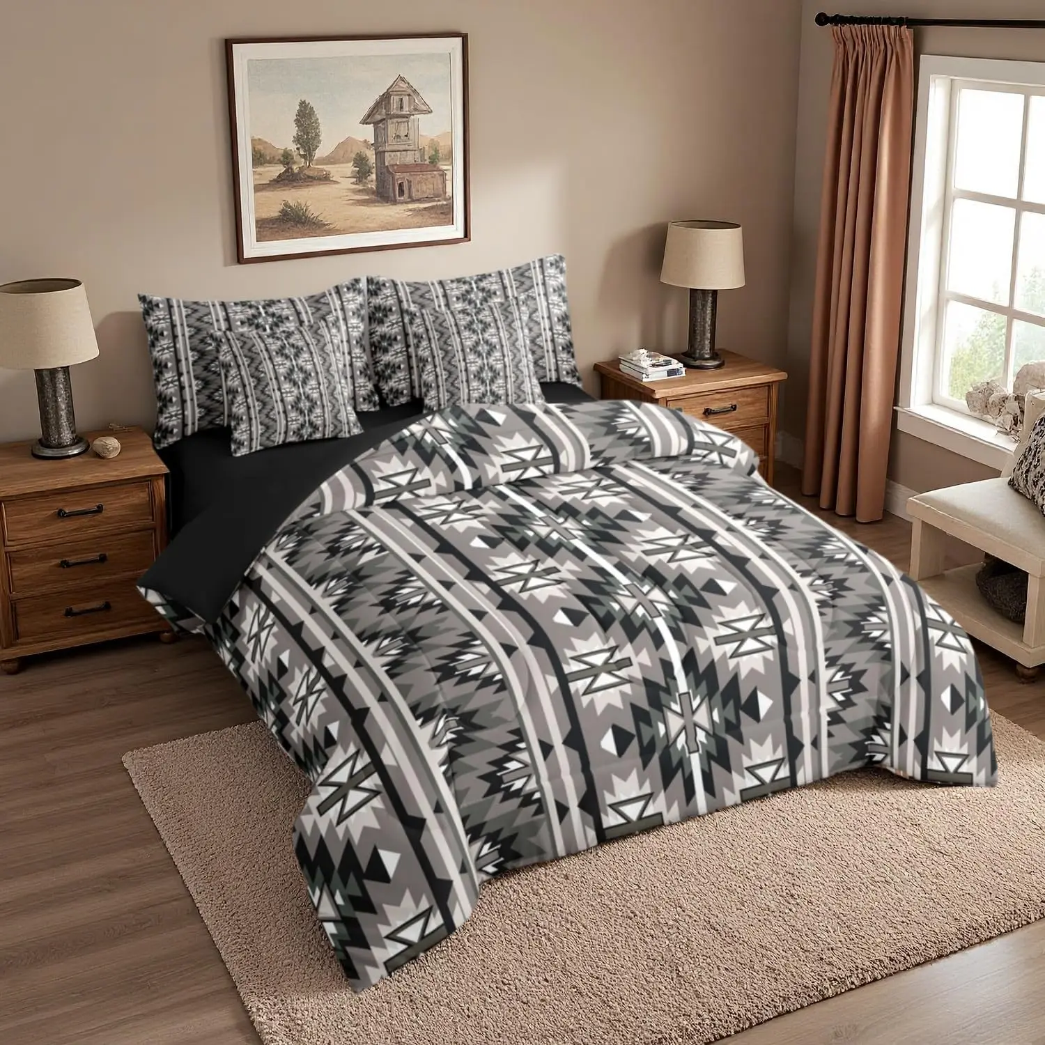 Feelyou 7-Piece Queen Bedding Set - Vintage Southwestern Rustic Western Aztec Sheets Included, Boho Geometric Farmhouse Quilt, Exotic Tribal Bed-in-a-Bag for Adults, Bedding Sets, Queen Bedding Sets