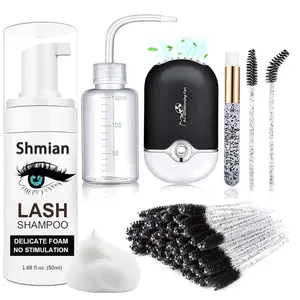 Lash Shampoo for Lash Extensions, Fan with 50ml Eyelash Foam Cleanser and 50 Pcs Brush and Rinse Bottle Oil Free/Sulfate Free Wash Makeup Remover