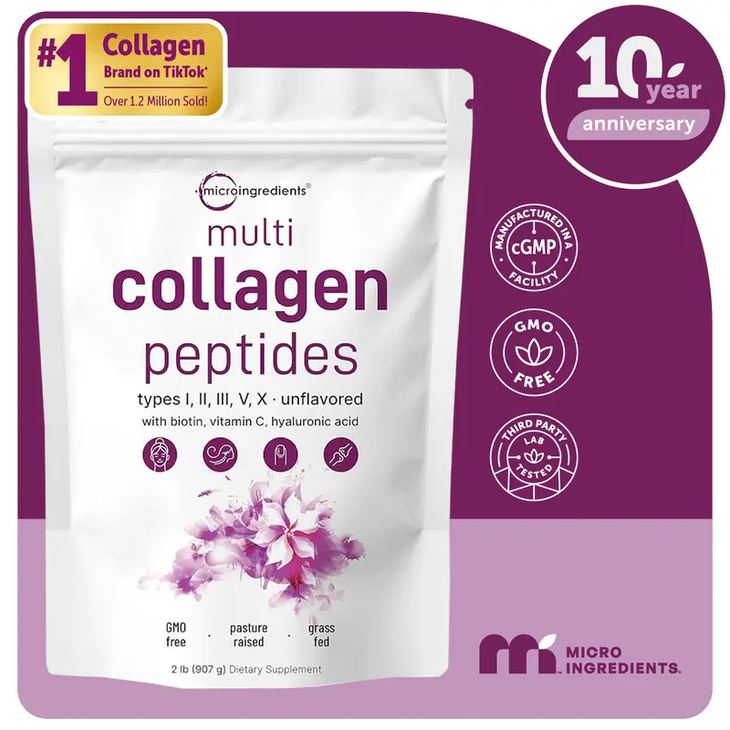 Micro Ingredients Multi Collagen Peptides Powder - Hydrolyzed Protein Peptides (Type I,II,III,V,X) with Hyaluronic Acid, Biotin & Vitamin C Unflavored 2