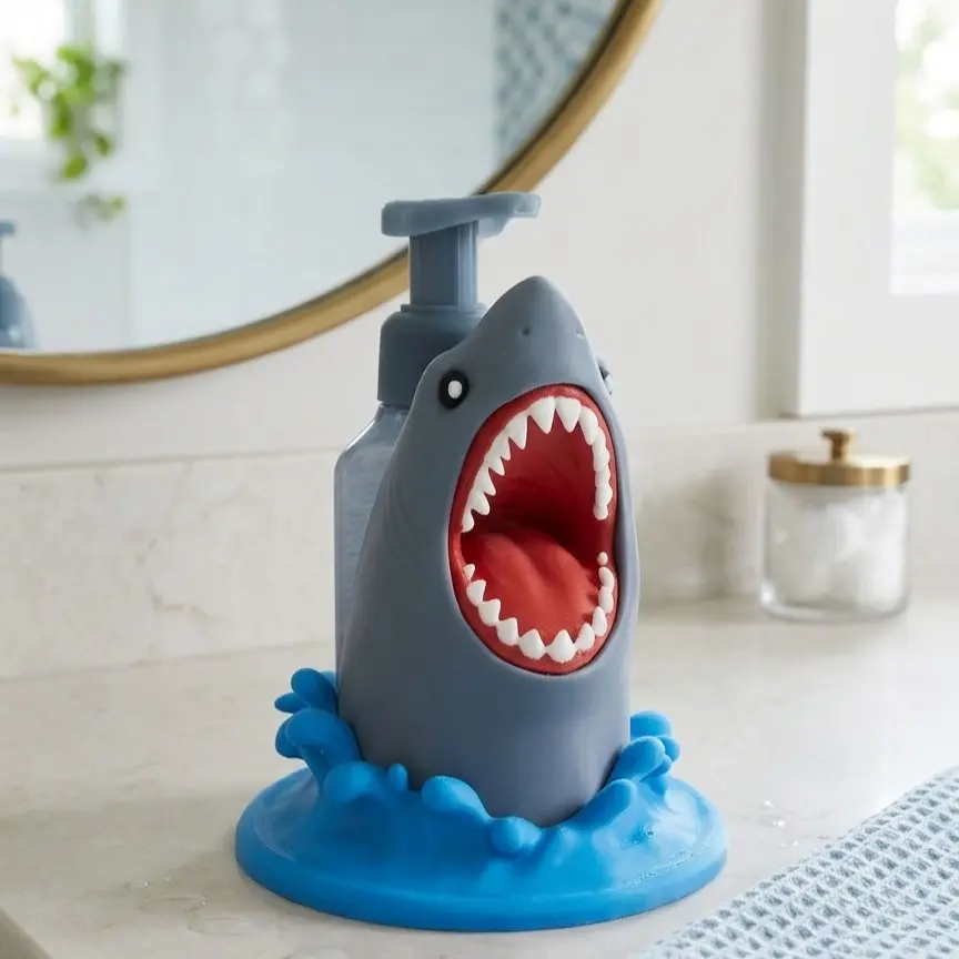 3D Printed Shark Foaming Soap Holder | Cute Ocean Bathroom Decor | Fits Bath & Body Works Foaming Soap Bottles | Novelty Shark Week Gift