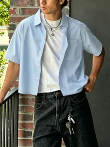 Men's Blue Striped Cropped Short Sleeve Shirt, Casual Collared Button-Down Top, Loose Fit Streetwear Shirt for Summer Casual & Daily Wear