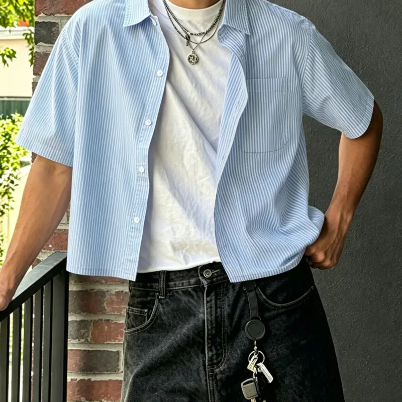 Men's Blue Striped Short Sleeve Cropped Shirt, Casual Collared Top, Loose Fit Streetwear Shirt for Summer & Daily Wear, Button Up Front, Casual Summer Clothes