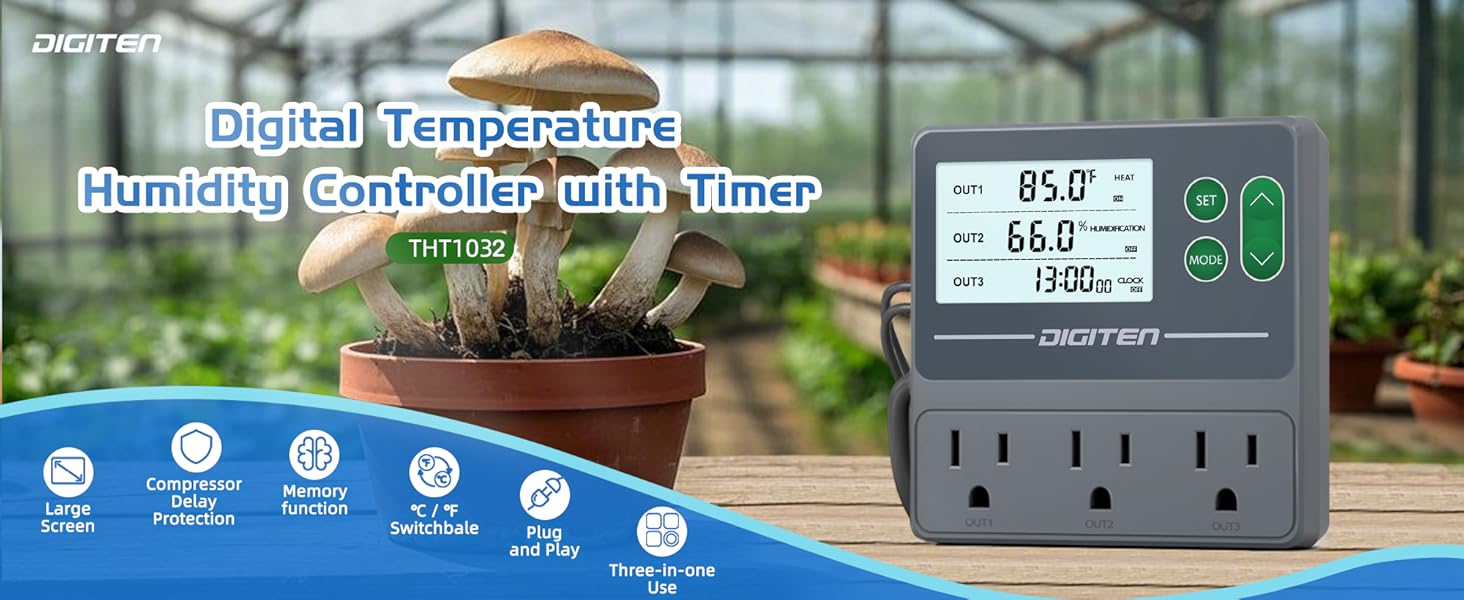 DIGITEN Temperature and Humidity Controller with Timer - 3 Outlet, 2 Separate Probes, Plug in Temperature Controller for Reptiles,Snake, Mushrooms, Tent, Triple Control for Temp,Humidity,Time