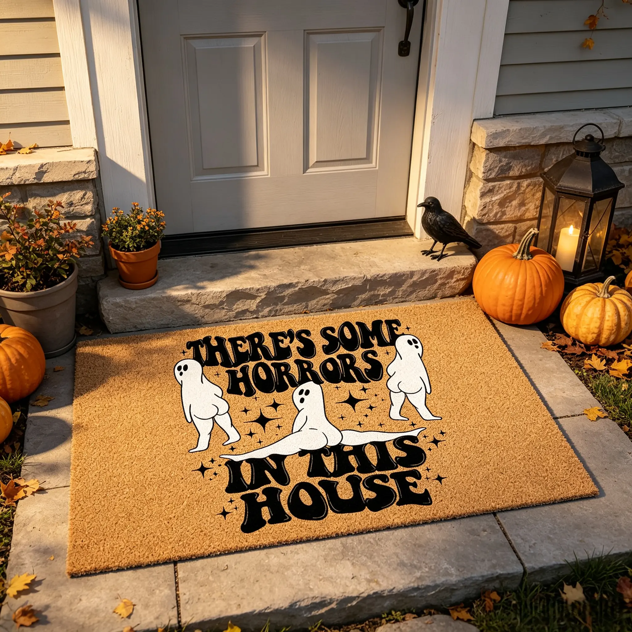 Funny Ghost Halloween Welcome Doormat - "There's Some Horrors in This House" Non-Slip Outdoor Front Door Rug, Fade Resistant Doormats