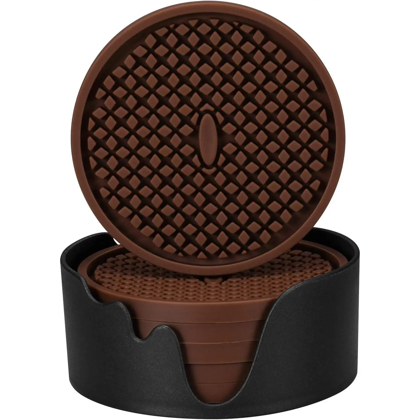 Coasters [6 Pack] Thickened Drink Coasters with Holder - Cup Mat - Non-Slip, Non-stick, Stay Put, Deep Tray - Prevents Furniture and Tabletop Damages(Coffee)