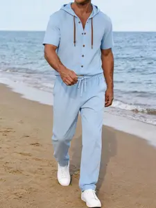 Men’s summer fashion two-piece set with a hood, casual vacation style, loose breathable fabric, hooded sweatshirt and wide-leg pants