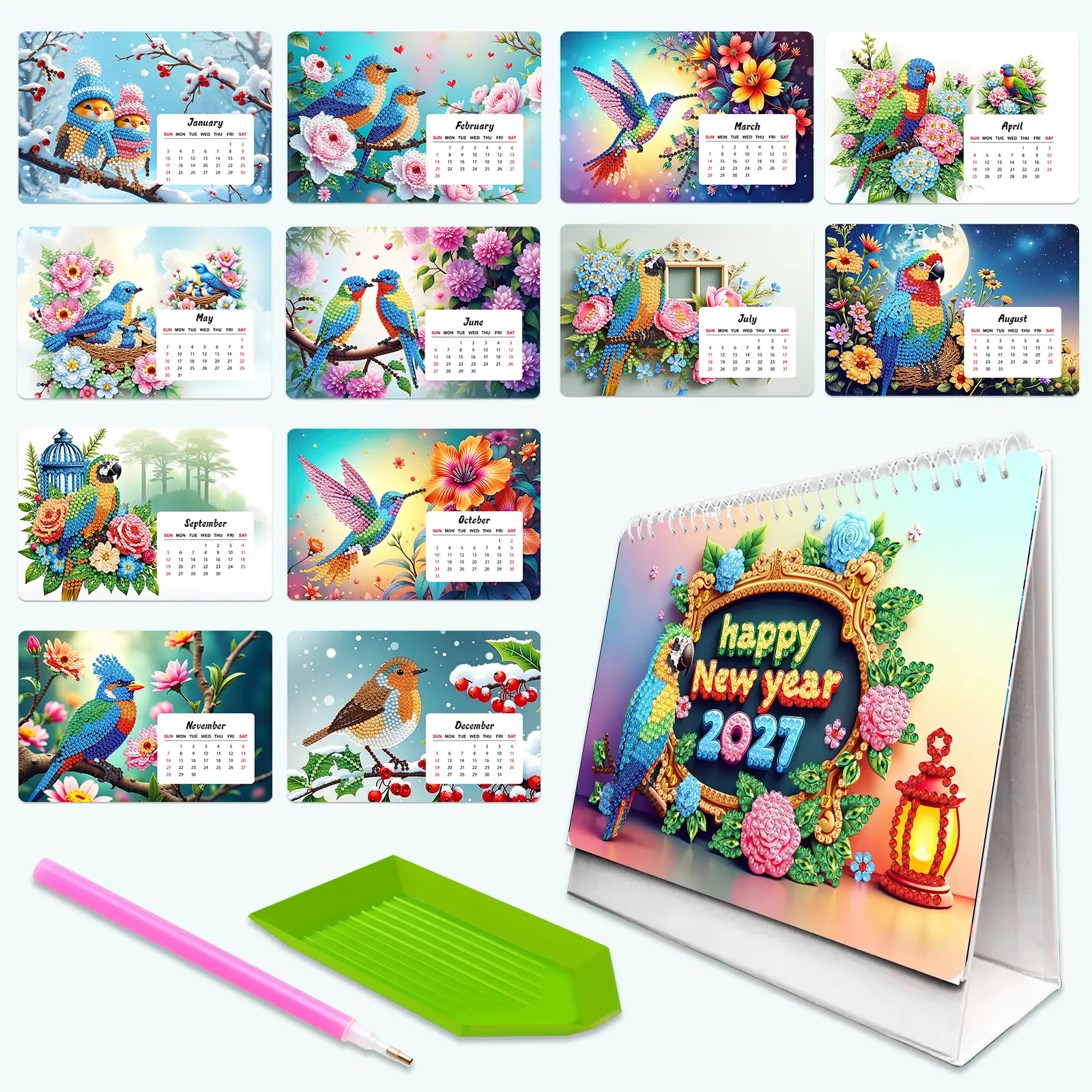 【New Arrival】2027 Animal Paper Diamond Painting Desk Calendar DIY Kit - 12-Month DIY Calendar with Diamond Pattern Design, Desktop Rhinestone Decor, Collectible Mood-Calming Handmade Gift for Beginners, Adults