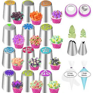 27 Russian Piping Tips, Piping Bags and Tips Set, 12 Flower Frosting Tips Nozzles for Cake Decorating, Baking Supplies for Cupcake Cookie, 2 Leaf Piping Tips 2 Couplers 11 Pastry Baking Bags Bakeware Husband