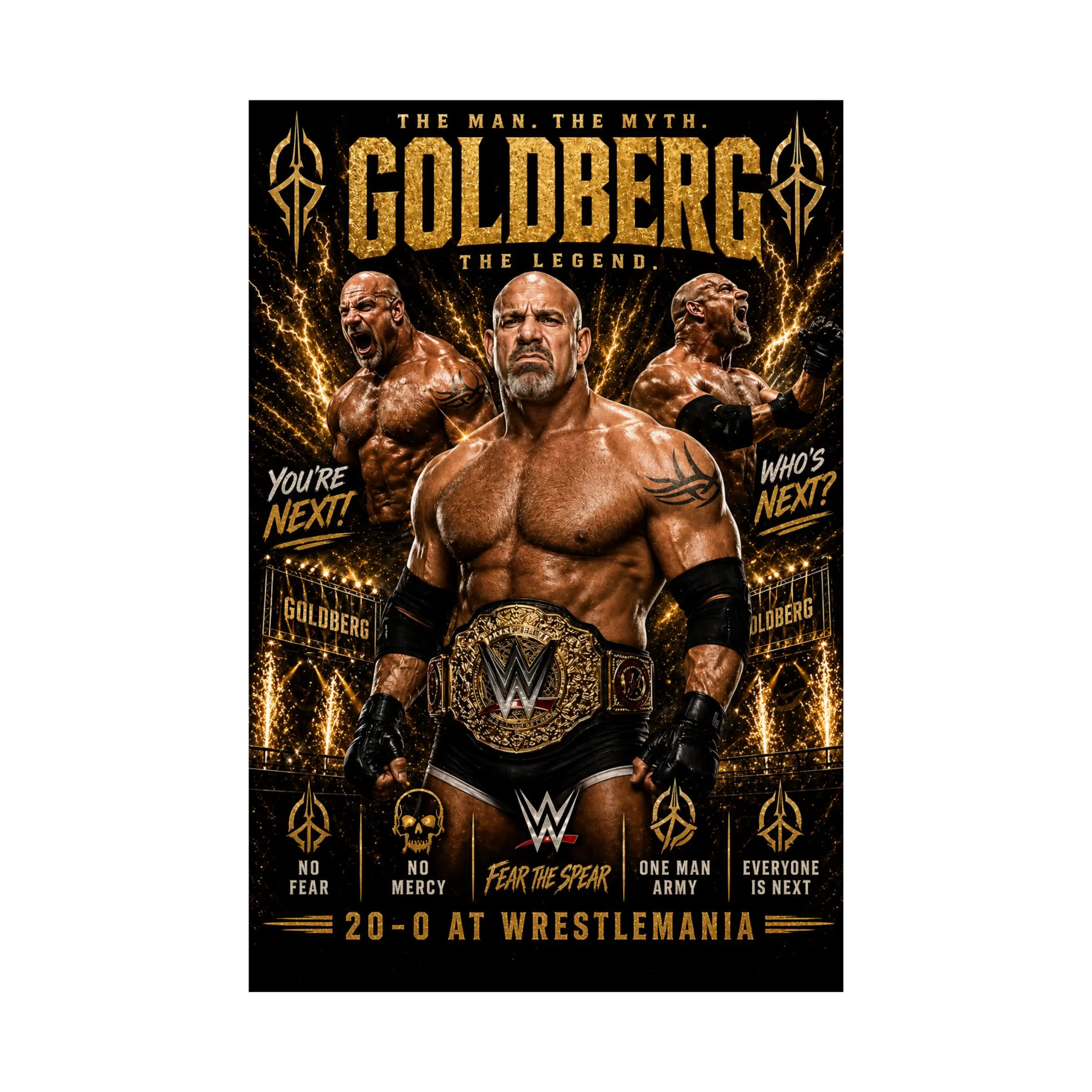 Goldberg Legend Wrestling Poster, Gold Champion Belt Wall Art, Who’s Next Sports Tribute Print, Man Cave Gift