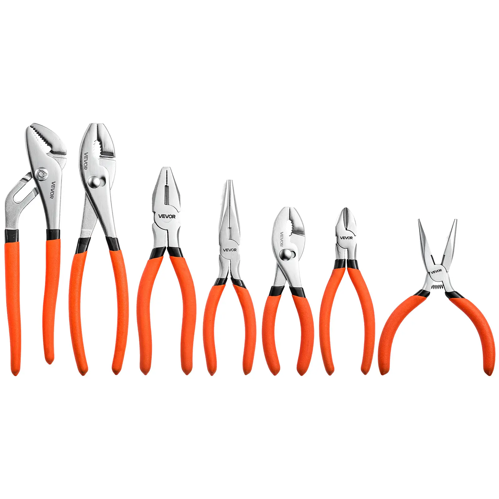 VEVOR Pliers Set 7-Piece Utility Set Polished Carbon Steel Jaw Hand Tools, For DIY & Home Use, 8" Groove Joint, 7" Combination, 6" Diagonal, 6"/8" Slip Joint, 4.5"/6" Long Nose Pliers, Non-Slip Grips