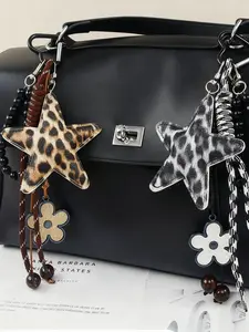 Retro Leopard Print, Star, And Flower Bag Charm – Sweet, Cool, And Wild Style Decoration. PU Pentagram, Beaded Chain Strap, Bag And Key Accessory Suitable For Trendy Girls/Commuters. Charms For Bags