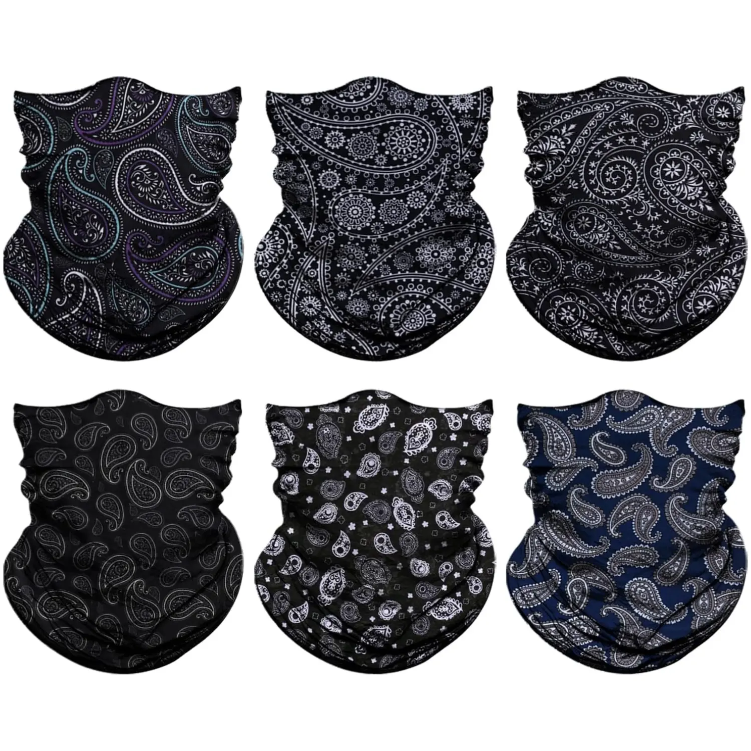 Neck Gaiter Mask 6 Pack for Adults, Breathable Seamless Paisley Microfiber Bandanas, Windproof Face Cover for All Season Outdoor Wear, Machine Washable, Stretch Fit, Quick Dry