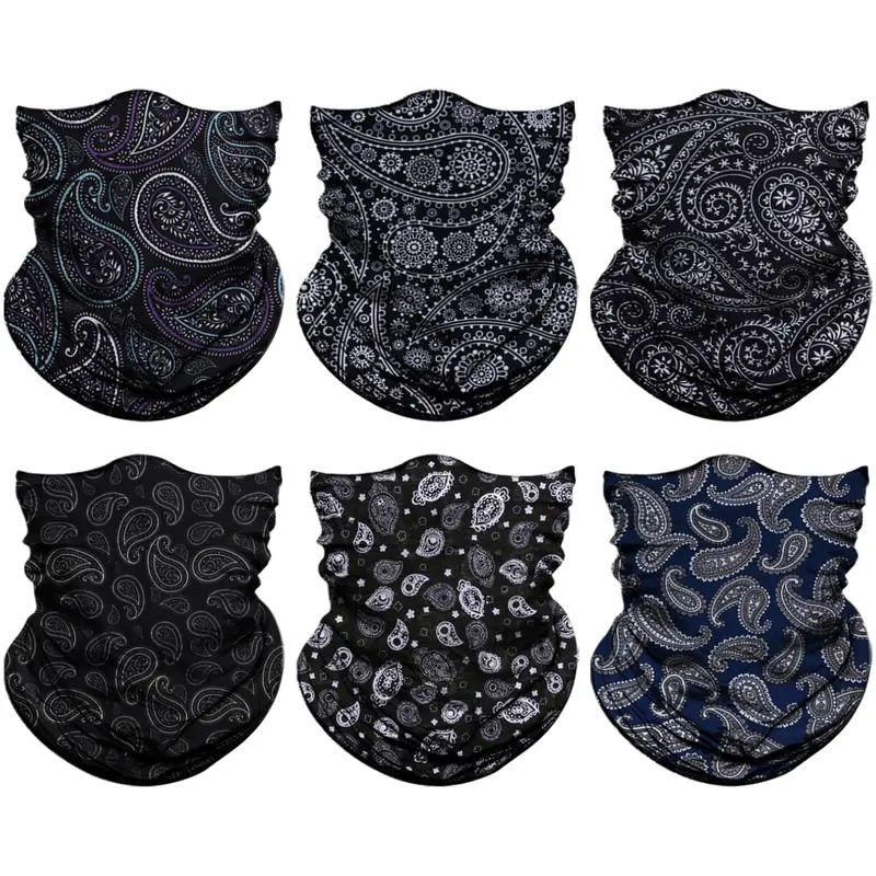 Unisex 6-Pack Neck Gaiter Face Masks for Adults - Seamless Paisley Microfiber Bandanas, Neck Gaiter Headwear, Breathable, UV-Protective, Wind-Resistant, Quick Dry, Machine Washable, One Size Stretch Fit, All Seasons Outdoor Wear