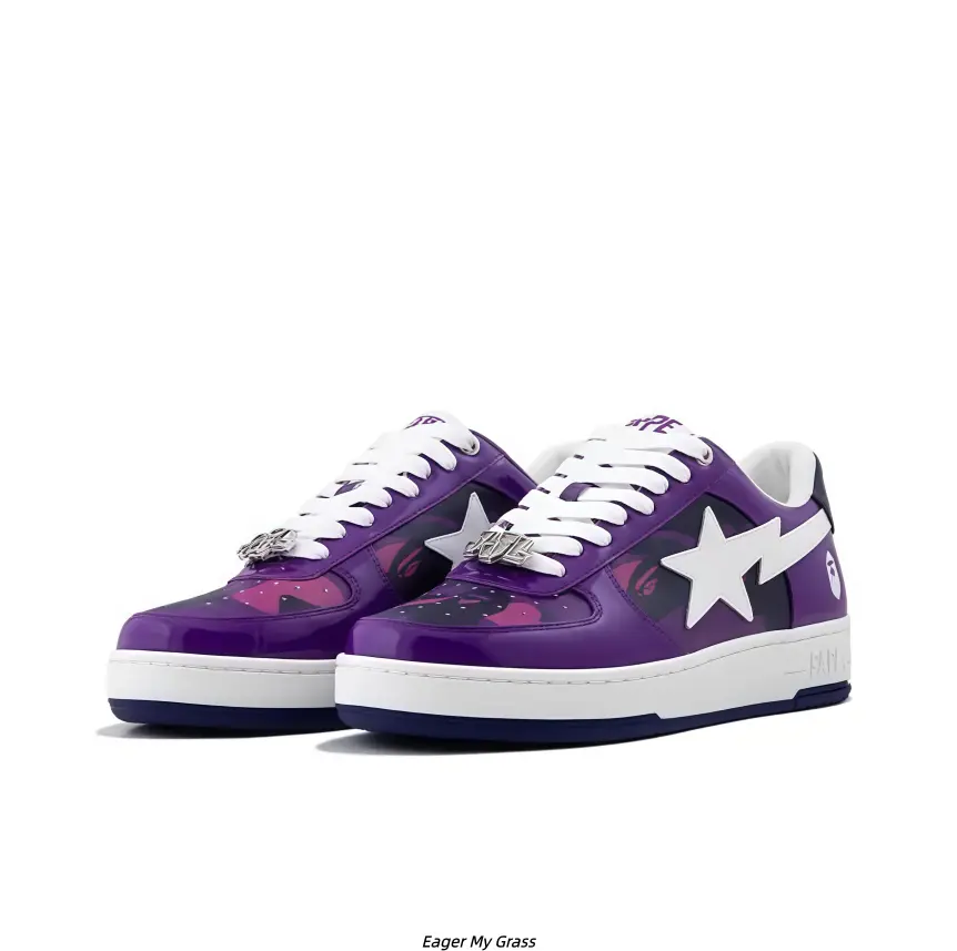 Gradient Purple Mirror Gloss PU Casual Skate Sneakers for Men Women, White Layer Flat Cushion Sole Shock Absorb Purple Anti-Slip Rubber Daily Walking Board Shoes