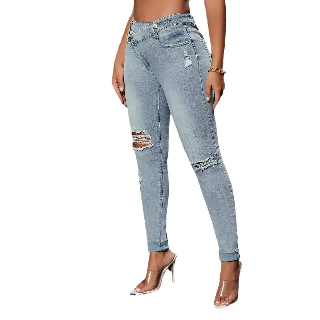 2025 New Broken Hole Washed Jeans Women's Slim Small Feet Design Align Tank Denim Skinny Womenswear Buttom Breathable Casual Pants Springtop Comfort