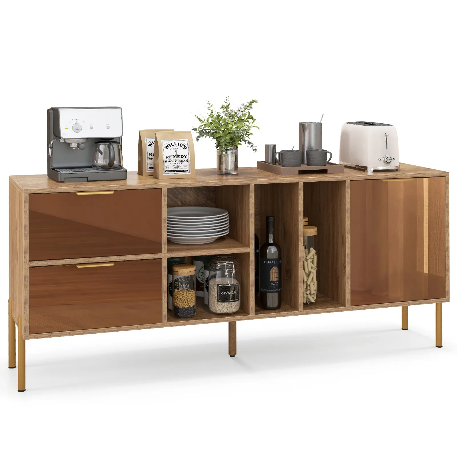 COSTWAY - Mirrored Buffet Cabinet with 2 Drawers and 1 Door for Living Room-Natural