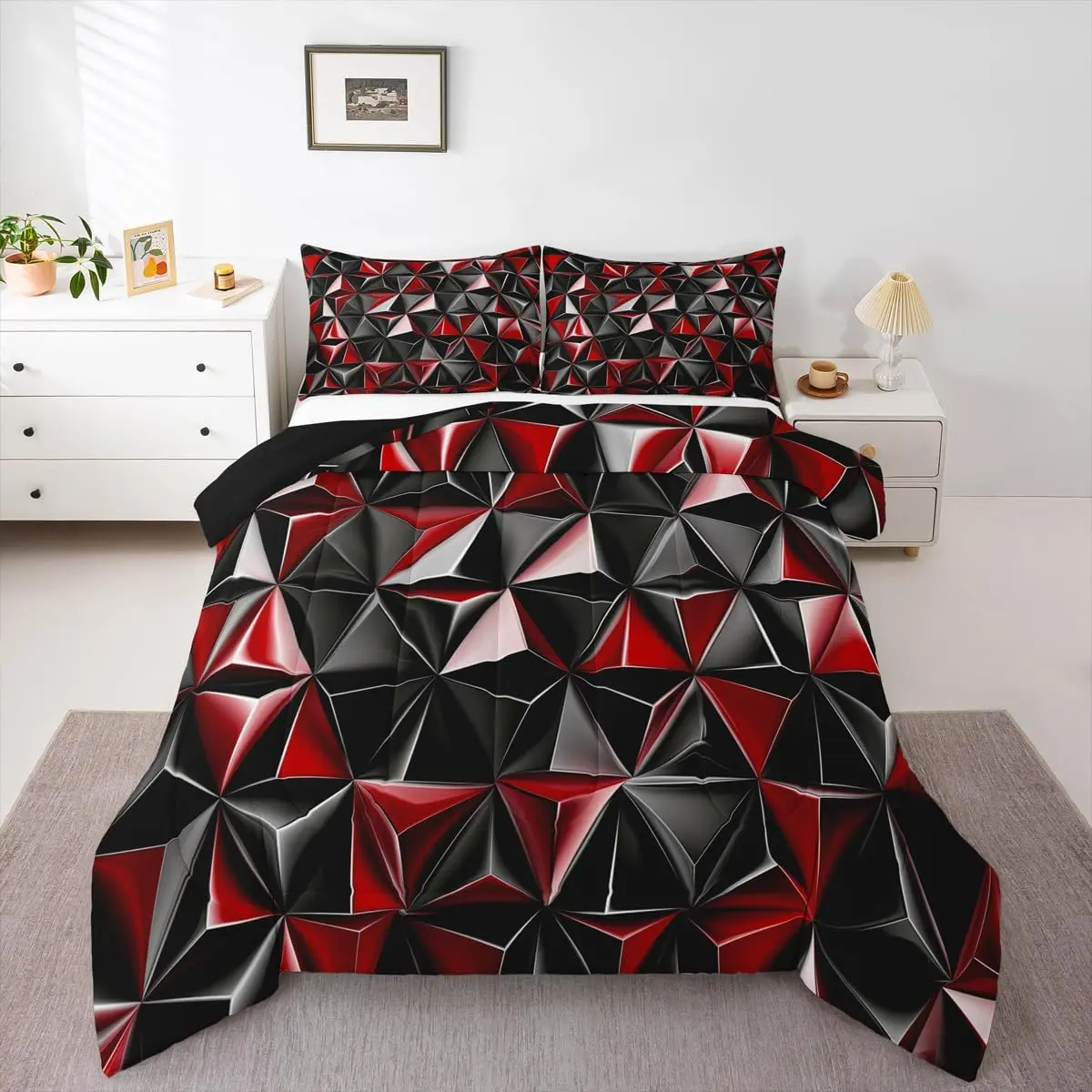 Geometric 3D Comforter Set Modern Art Bedding Set Red Abstract Geometric Duvet Quilt Bedroom Decor Microfiber 1