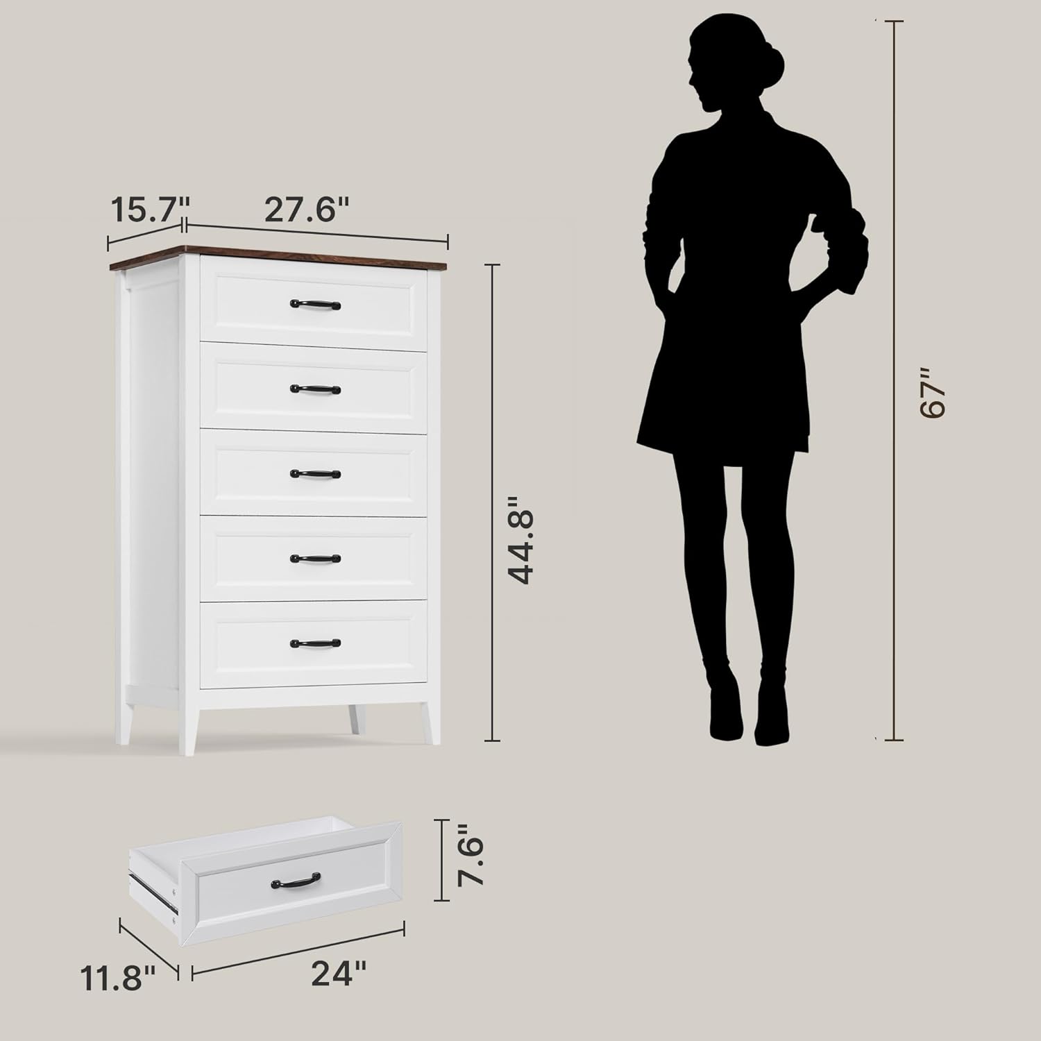 Gizoon 5 Drawer Dresser for Bedroom 44.8" Drawer Dresser Modern Wood Chest of Drawers Large Capacity Storage Cabinet with Smooth Rail Metal Handles Anti-tipping for Living Room Hallway Girl Apartment Furniture Space-Saving