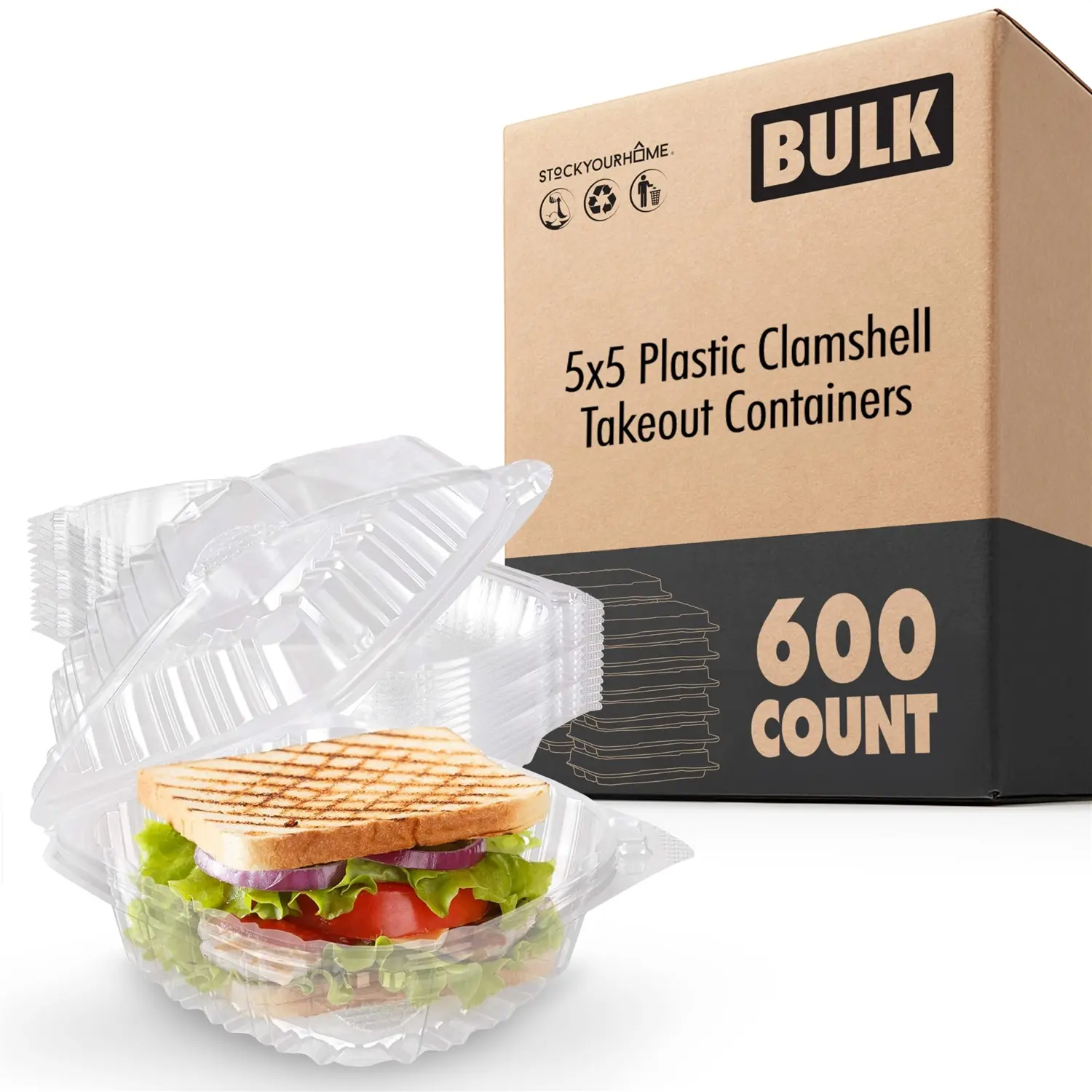 5x5 Plastic Clamshell Takeout Containers - 600 Pack