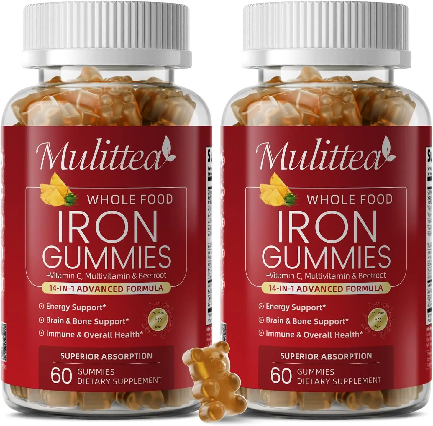 Iron Gummies for Women, 4-Source Iron Supplement with Vitamin C, Folate | 14-IN-1 Gentle Vegan Gummy With B12, B6 & Copper, Blood-Building & Energy Support Pineapple Flavor, 120 Count