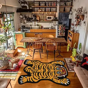 Vibrant Velvet Tiger Pattern Area Rug with Non-Slip Design, Fun Cartoon Style for Bedroom Living Room Entryway Decor, Durable and Stylish Floor Mat, Animal Print Rug, Decorative Rug Mat, Bedroom Rugs