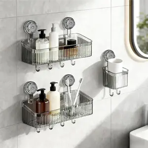 3 Pack Suction Cup Shower, Black Shower Shelves No Drilling with Movable & Toothbrush Holder, Wall Shelves for,