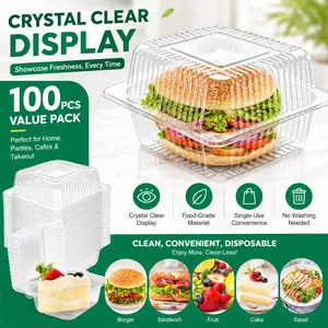 100-PC 5x5 Inch Food Storage Container Set with Lids-Square Plastic Hinged Food Durable Plastic Utensils for Pantry Organization Travel, Ideal for Outdoor Picnics Burgers Sandwich,Salads Cookies Take-Out Container Individual Clamshell Food