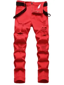 Men's Ripped Jeans Slim Fit Distressed Straight Leg Fashion Denim Pants 100% Cotton Solid Red Color Rock Y2K Style Mid Waist Below the Ankle