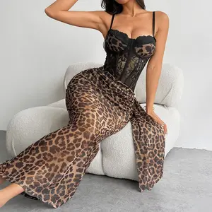Women's Leopard Print Lace Panel Semi Sheer Mesh Corset Slip Maxi Dress 2025 Fall & Winter New Slim Fit Mermaid Elegant Sexy Casual Wear Night Party Dating Club Outfit Dresses