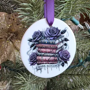 Dark Romance Booktok Ornament with Purple Ribbon and Gothic Book Stack Design for Home Decor