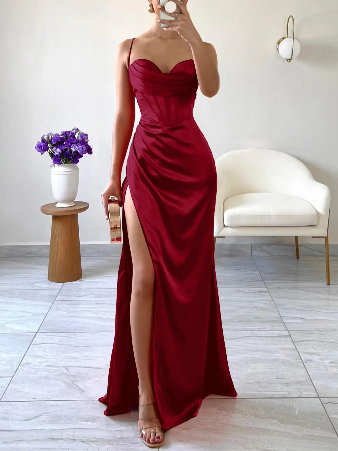 Women Black Satin Corset Maxi Dress Spaghetti Strap Backless Lace Up High  Split Bodycon Long Dress