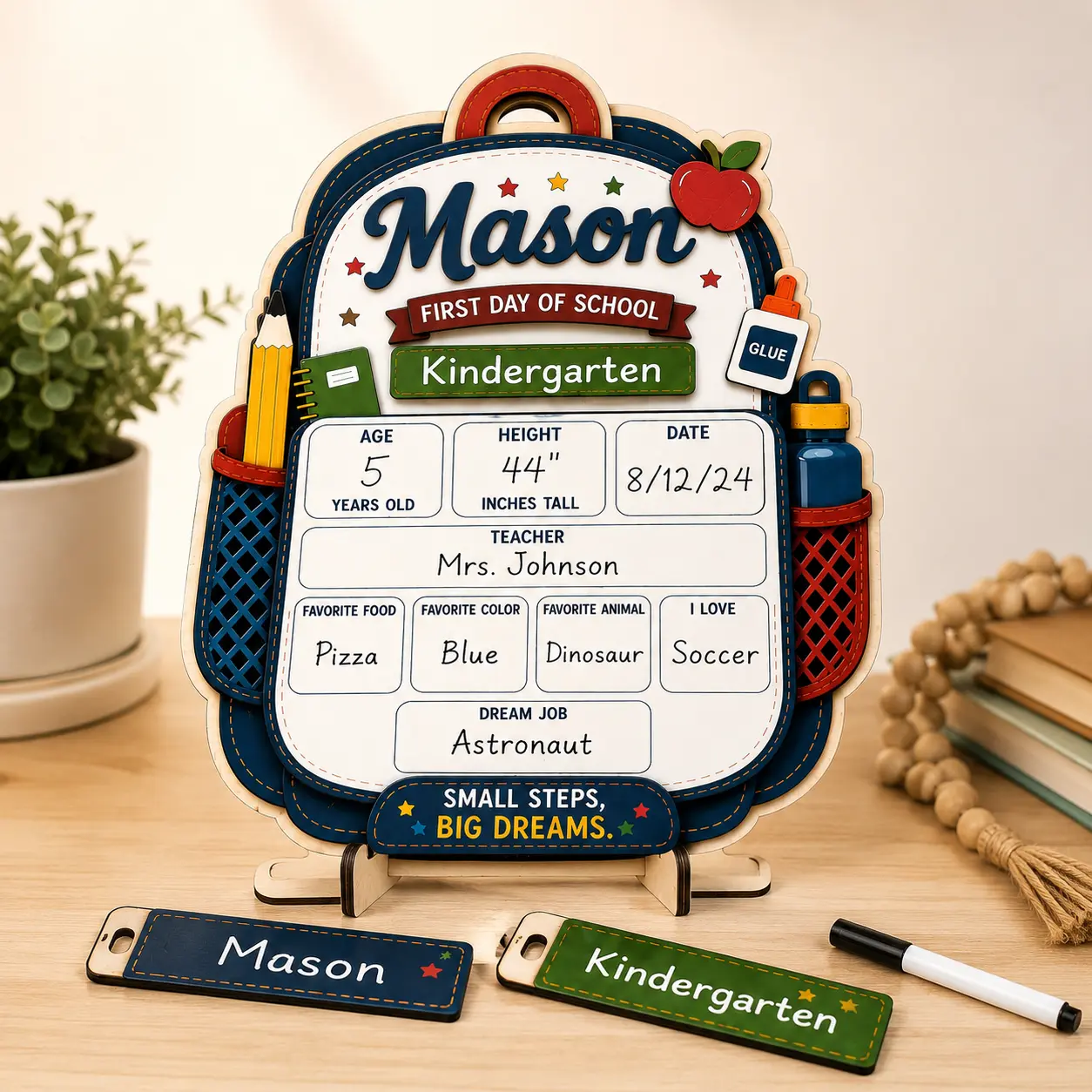 Personalized First Day of School Reusable Wood Sign, Dry Erase Back to School Milestone Board with Interchangeable Grade Tags, Classroom Photo Prop, Gift for Kids