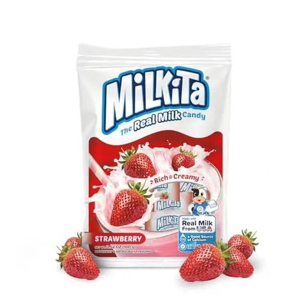 Milkita The Real Milk Candy Bag, Gluten Free Chewy Candies with Calcium & Real Milk, Zero Trans Fat, Low-Sugar, Strawberry Flavor, 25 Pcs