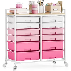 Rolling Storage Cart with 12 Drawers, Wooden Tabletop Utility Cart for Craft Storage, Art Supply Storage & Home Office Organization, Teacher Cart with Wheels for Classroom Organization, School
