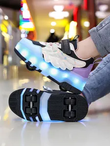 Girls' Four-Wheel Roller Skates, New Kids Wheel Shoes, Adjustable PU Leather LED Light-Up Sneakers, USB Charging, All-Seasons, Fashionable Skate Shoes
