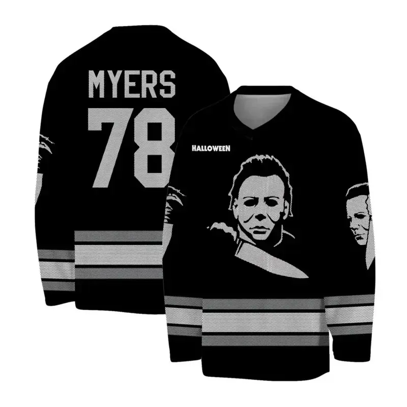 Michael Myers Hockey Jersey, Halloween Horror Movie Sports Shirt, Myers 78 Slasher Costume Outfit, Scary Movie Apparel Gift for Men and Women