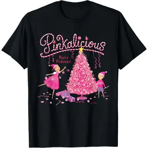 Pinkalicious Family Christmas 2024 Matching Outfit Xmas T-Shirt, 100% Cotton, Single Side Printed, Black Short Sleeve T-shirt, 1 pc, Christmas Halloween Thanksgiving Gift