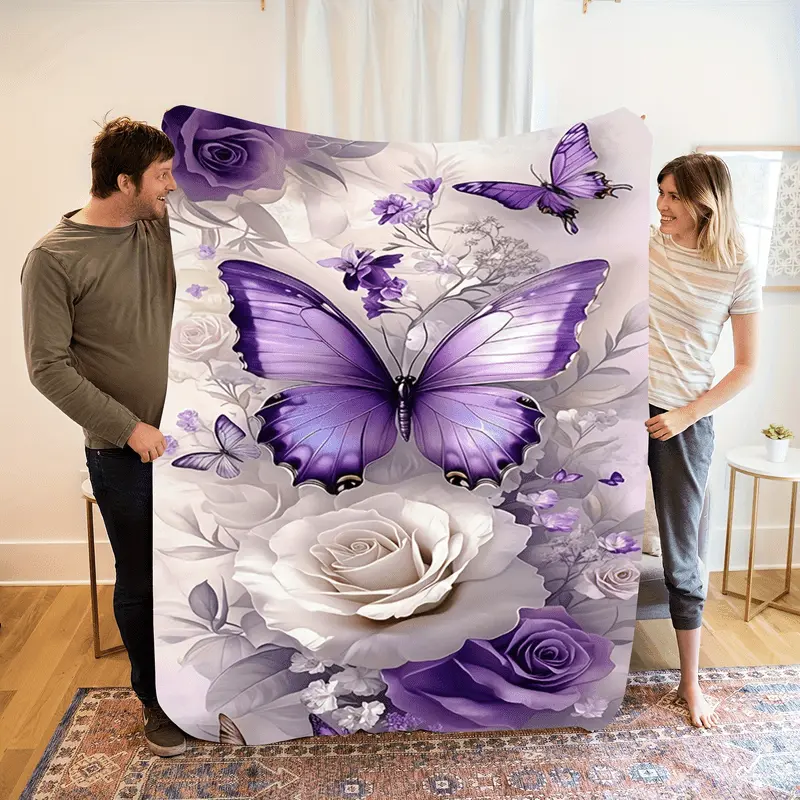 1pc Retro Style Purple Butterfly & Rose Floral Print Fleece Blanket - Soft Warm All-Season Luxurious Throw - Machine Washable Home Decor Gift for Women