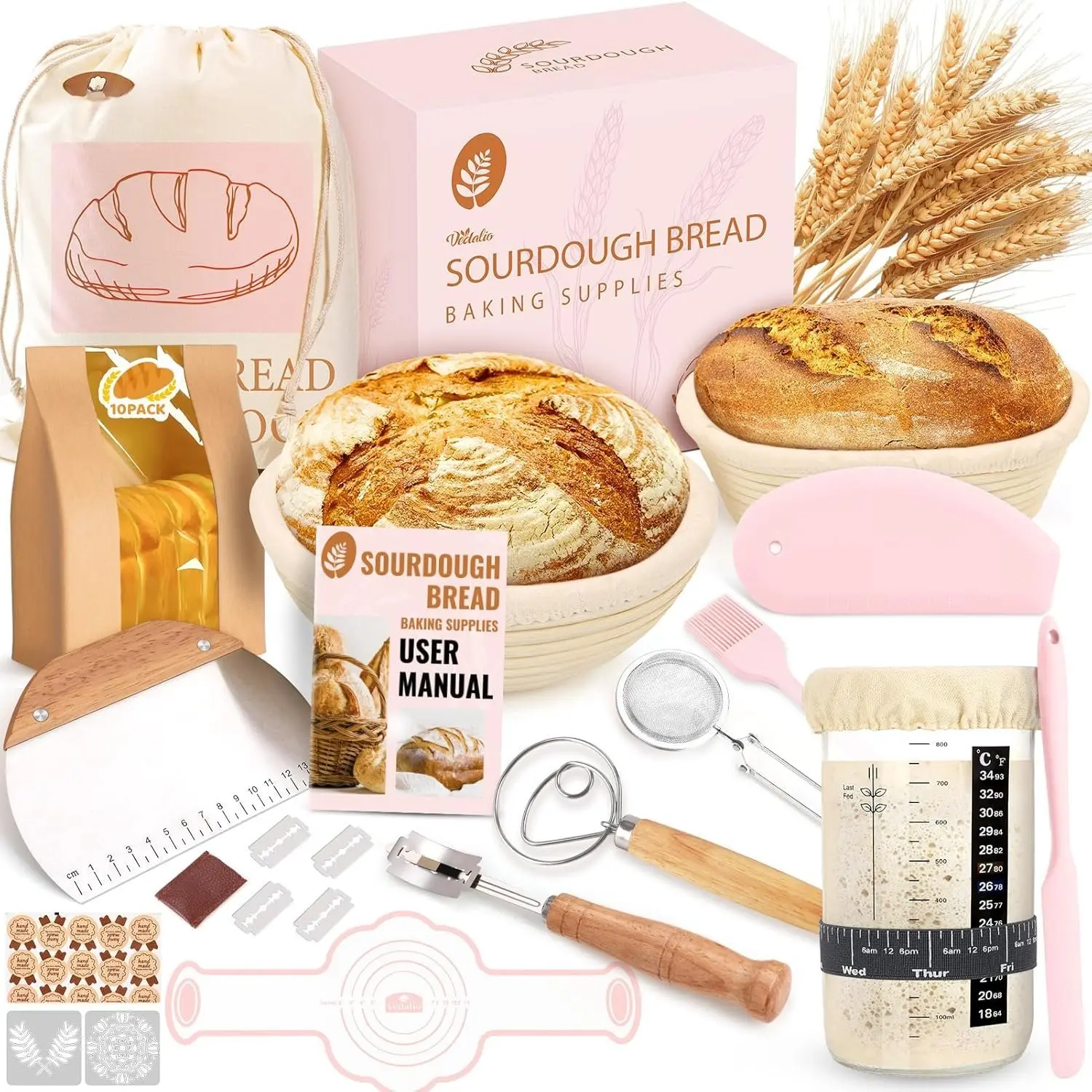 Sourdough Starter Kit, Sourdough Bread Baking Supplies, Sour Dough Starter Kits,  Sourdough Kit, Baking Gifts for Women, Bread Proofing Basket, Sour Dough Bread Making Kit Tools Baking Set