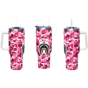 Pink Shark Mouth Camo 40oz Tumbler with Handle and Straw, Insulated Stainless Steel Coffee Travel Mug, Double Wall Vacuum Water Bottle for Hot & Cold Drinks, Cute Streetwear Aesthetic Gift for Her, 40 oz Car Cup Holder Friendly