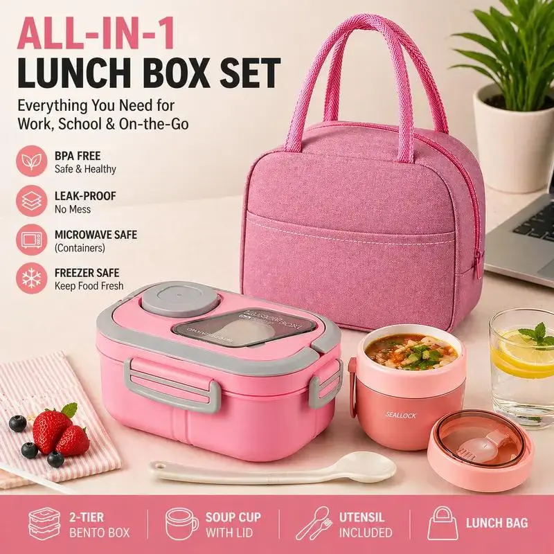 All-in-One Bento Lunch Box Set for Adults & Kids, Portable Meal Prep Kit with 2-Tier Leak-Proof Bento Box, Sauce Cup, Fork, Insulated Soup Cup and Lunch Bag, Keeps Food Fresh & Flavors Separate, Meal Prep Containers Reusable