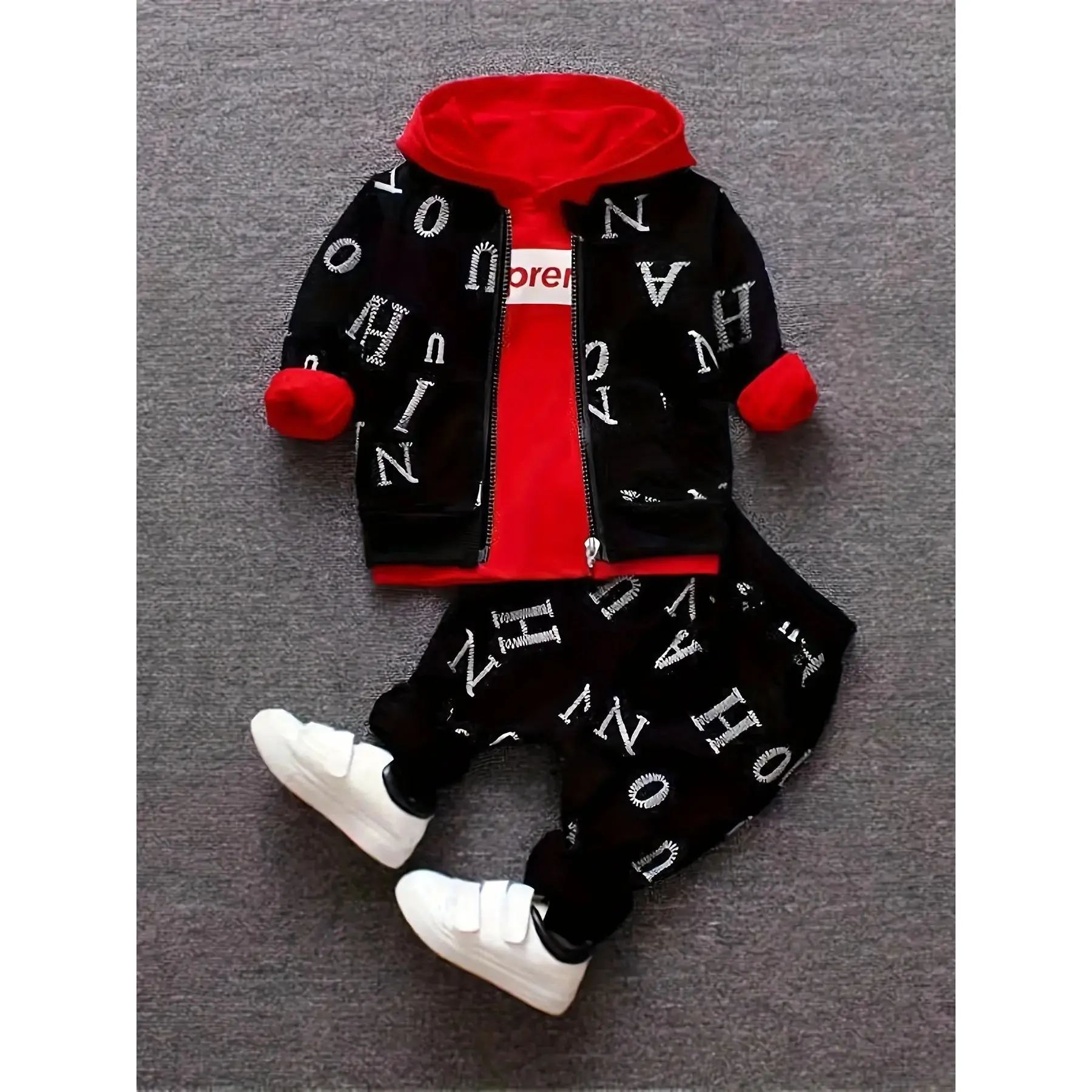 (New)Boys' Spring/Fall Alphabet Print Hoodie Jacket & Pants Set - Stylish Cool Three-Piece Outfit for Casual Wear