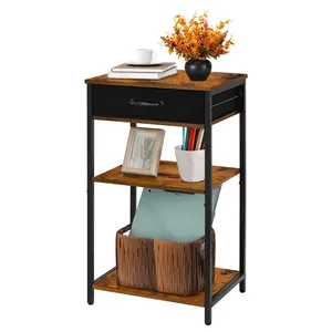 3 Tier Sofa Side Table, Printer Stand with Storage, Side End Table with Fabric Drawer, Multifunctional Under Desk Printer Shelf Holder, Industrial End Table Nightstand